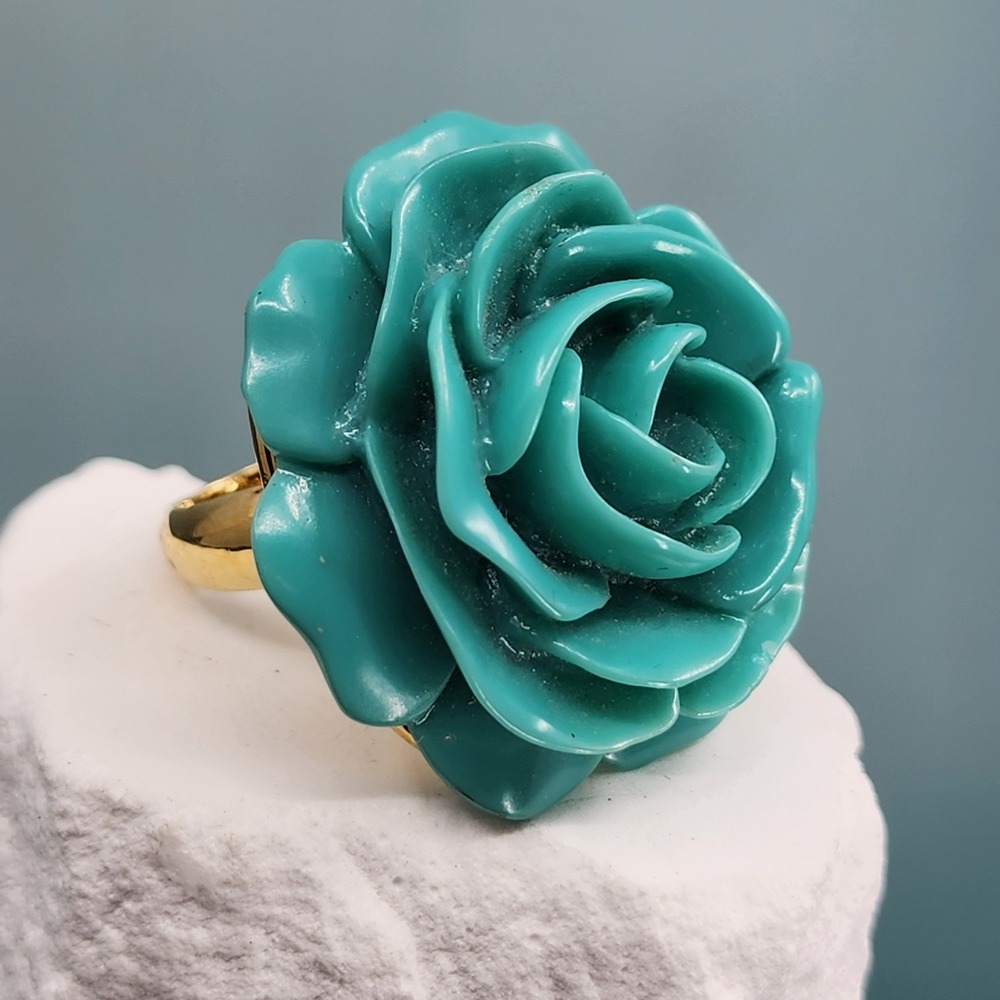 Kenneth Jay Lane Blue Resin Rose Turquoise & Gold Tone Statement Cocktail Ring